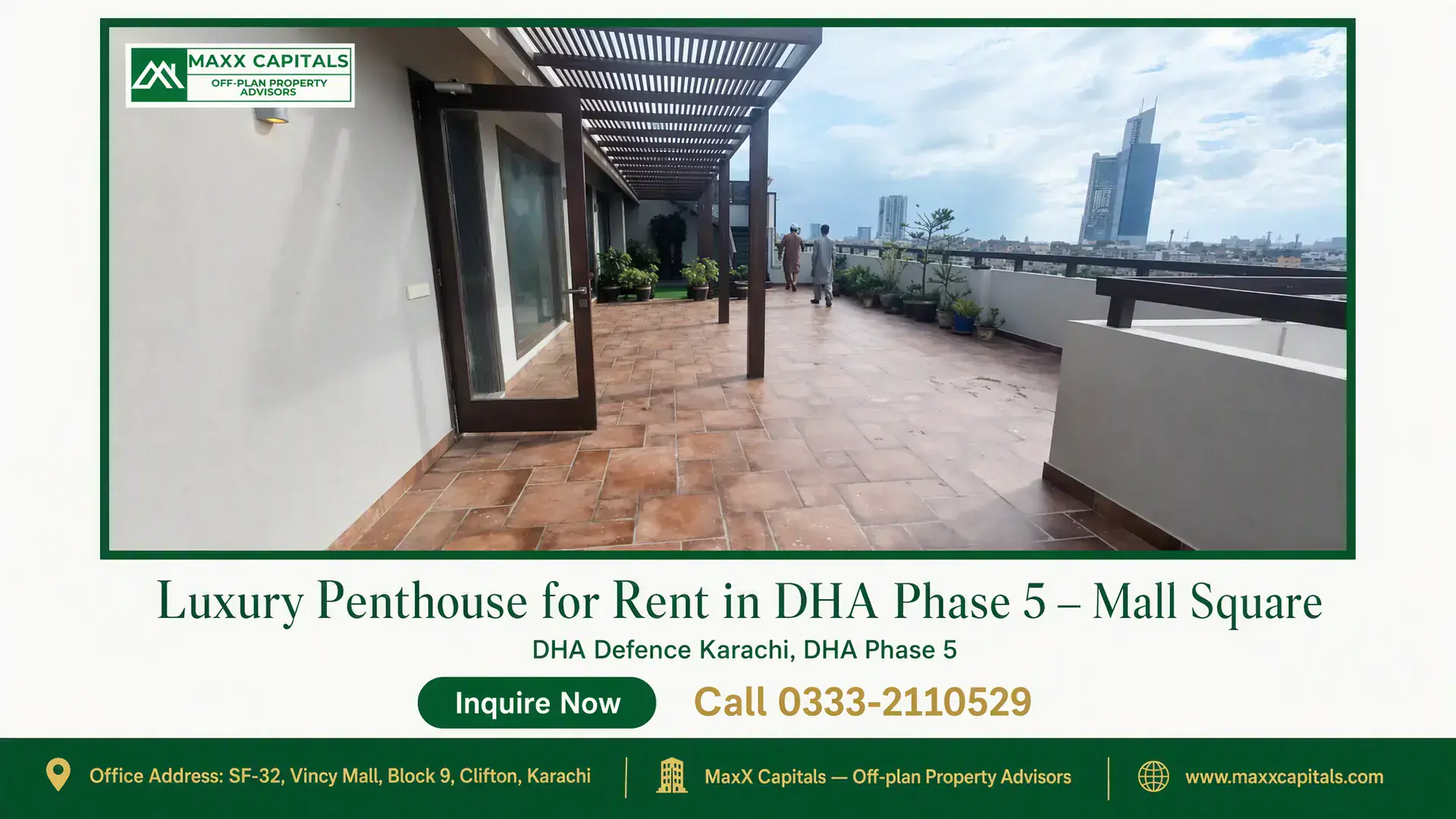 Luxury Penthouse for Rent in DHA Phase 5 – Mall Square Spacious outdoor terrace with tiled flooring, wooden pergola, and city skyline view in a penthouse for rent in DHA Phase 5.