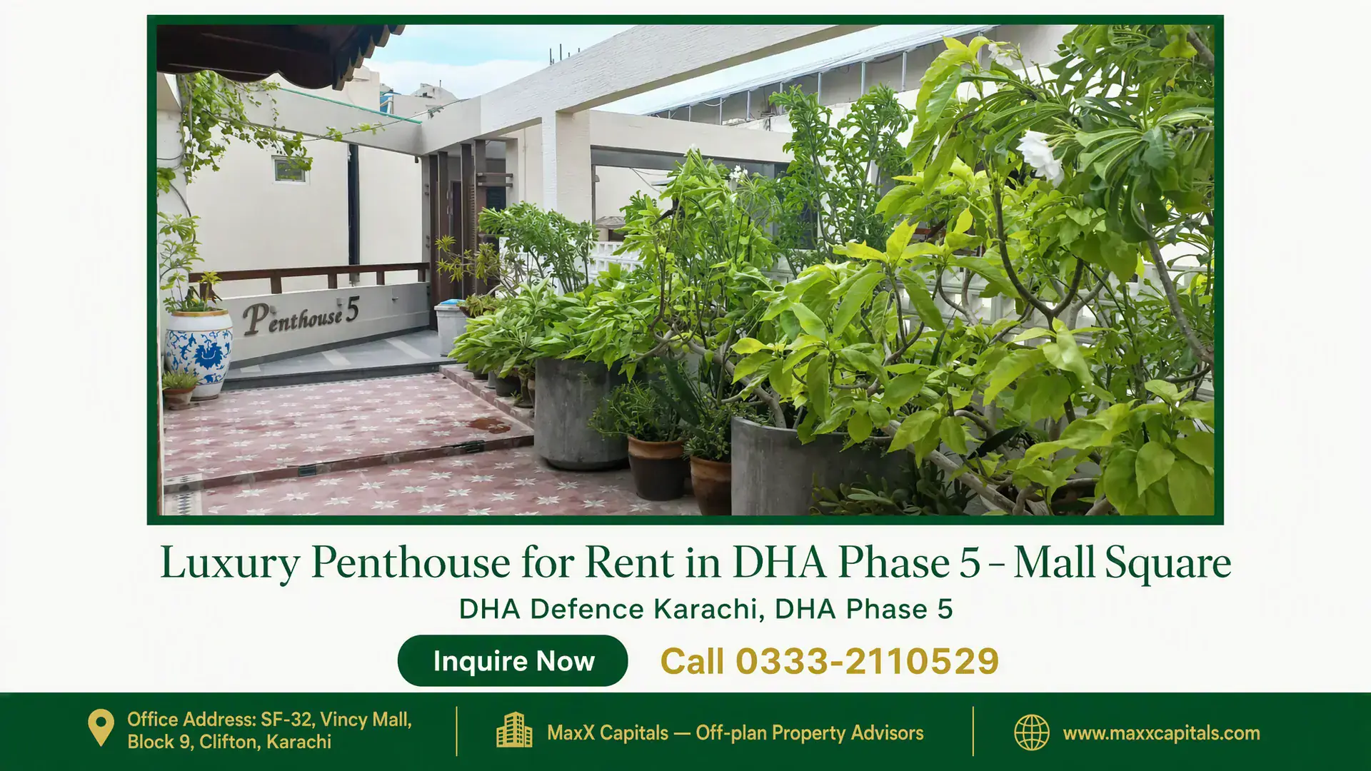 Luxury Penthouse for Rent in DHA Phase 5 – Mall Square Outdoor terrace of a luxury penthouse for rent in DHA Phase 5, featuring modern design, potted plants, and tiled flooring.
