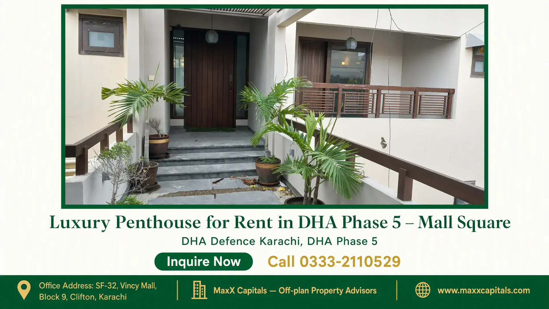 Luxury Penthouse for Rent in DHA Phase 5 – Mall Square Luxurious penthouse entrance in DHA Phase 5 featuring wooden doors, modern lighting, and lush potted plants.