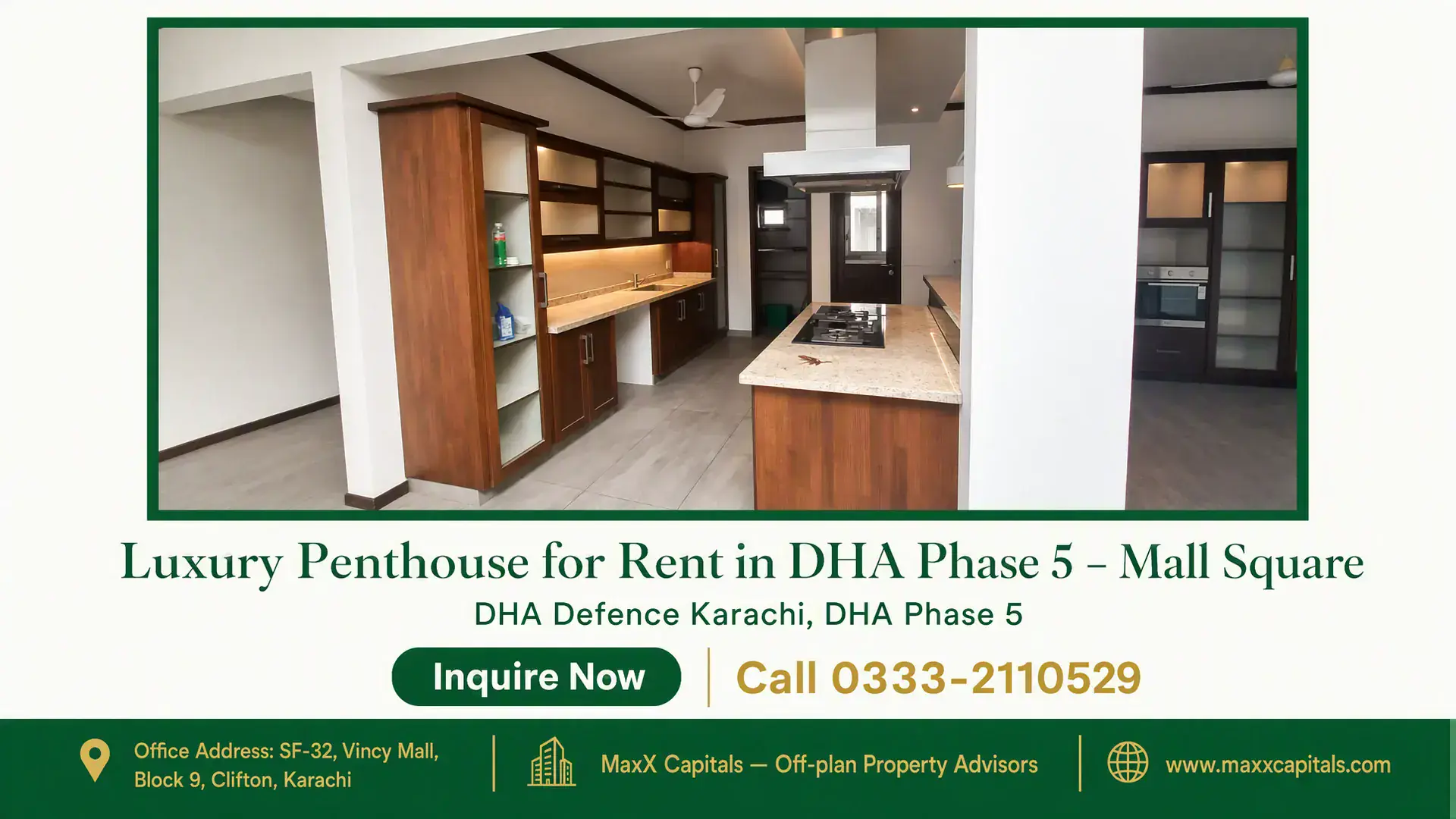 Luxury Penthouse for Rent in DHA Phase 5 – Mall Square Modern kitchen in a luxury penthouse for rent in DHA Phase 5, featuring wooden cabinetry, granite countertops, and built-in a
