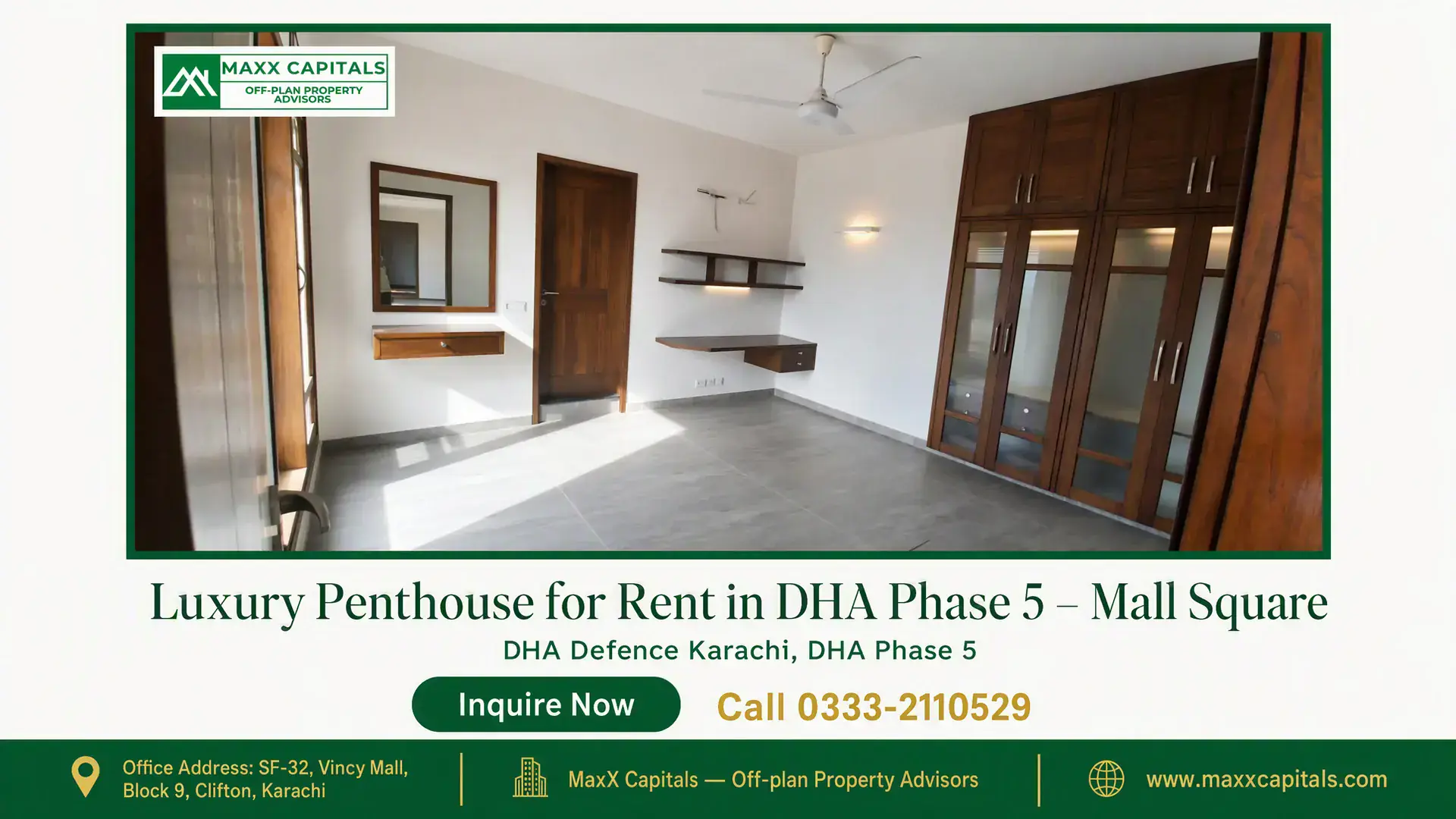 Luxury Penthouse for Rent in DHA Phase 5 – Mall Square Spacious penthouse bedroom with built-in wooden wardrobes, floating shelves, and tiled flooring in DHA Phase 5, Karachi.