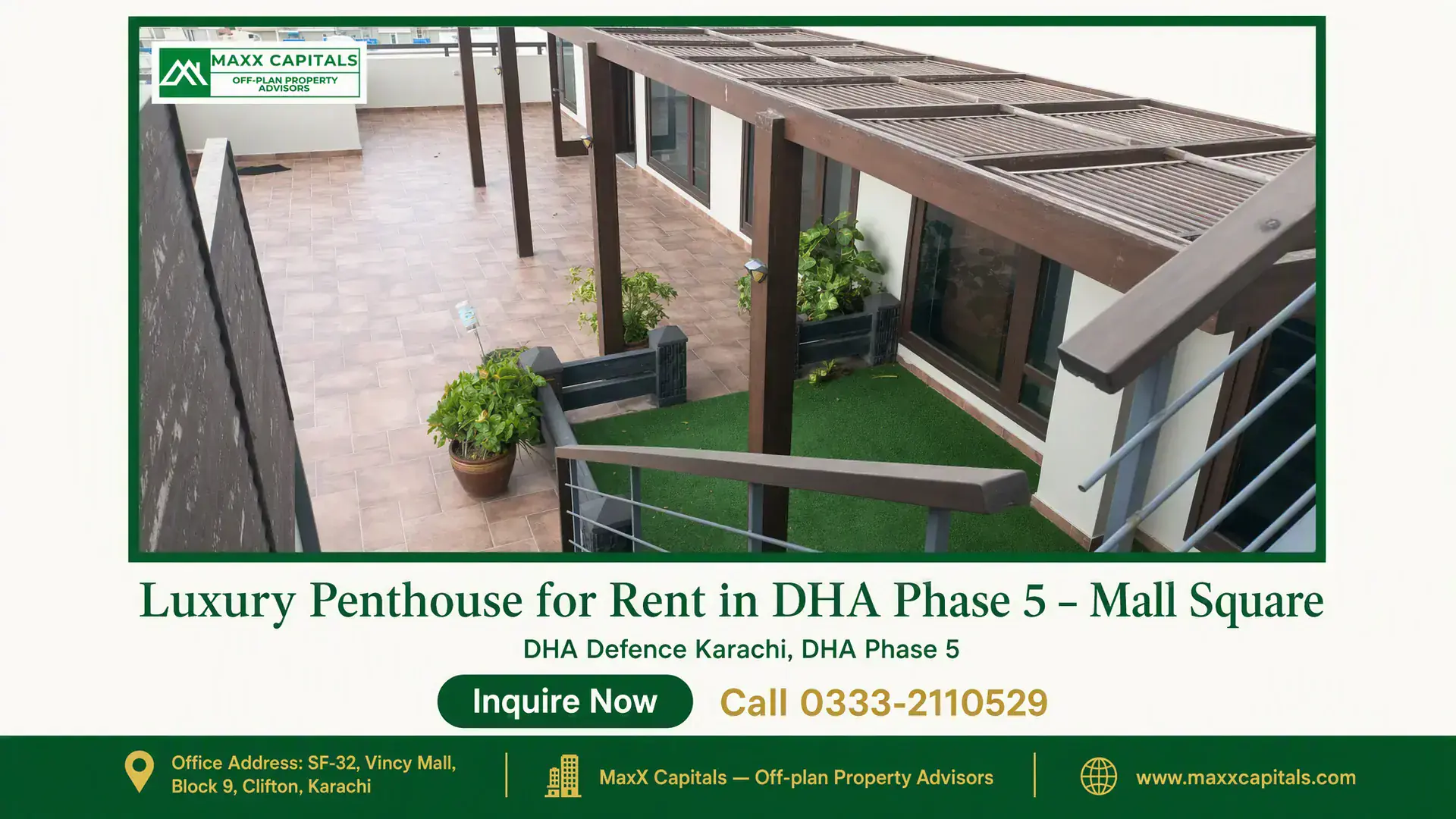 Luxury Penthouse for Rent in DHA Phase 5 – Mall Square Modern penthouse terrace in DHA Phase 5 with shaded pergola, tiled flooring, greenery, and glass doors.