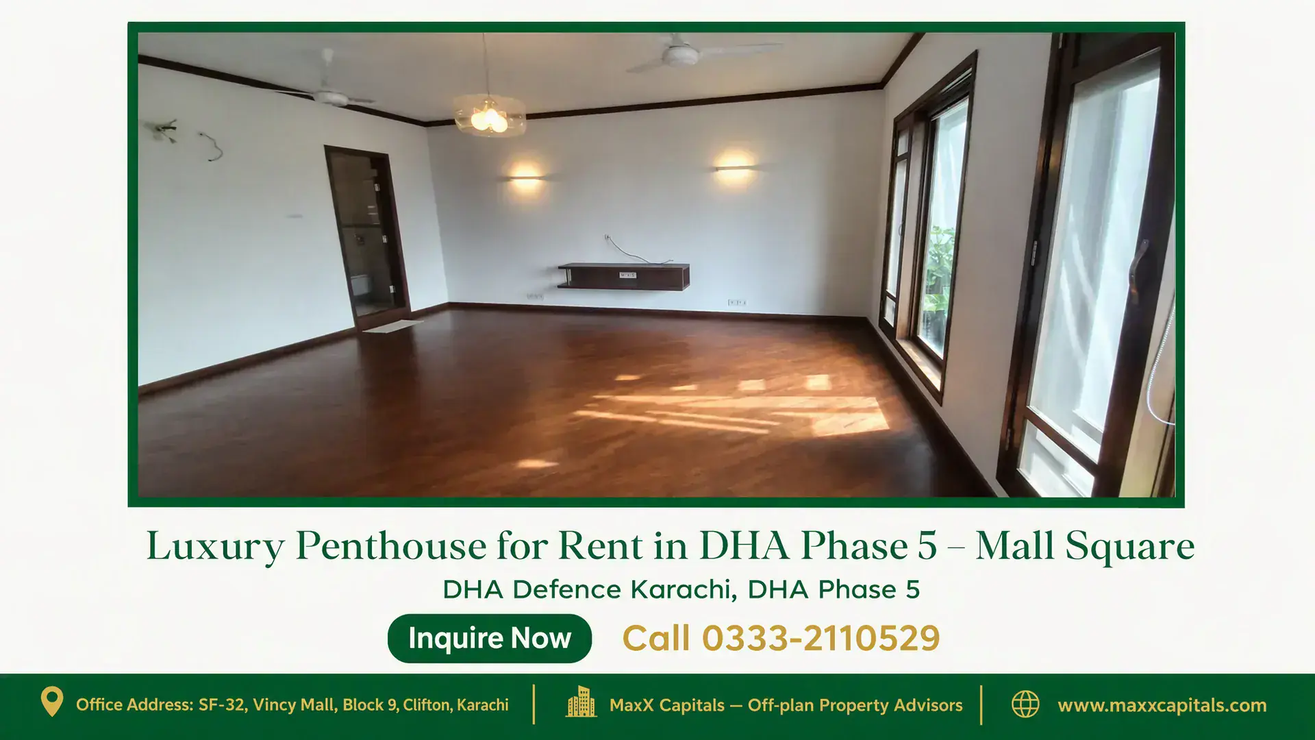 Luxury Penthouse for Rent in DHA Phase 5 – Mall Square Spacious living area with hardwood floors, large windows, and modern lighting in a luxury penthouse for rent in DHA Phase 5.