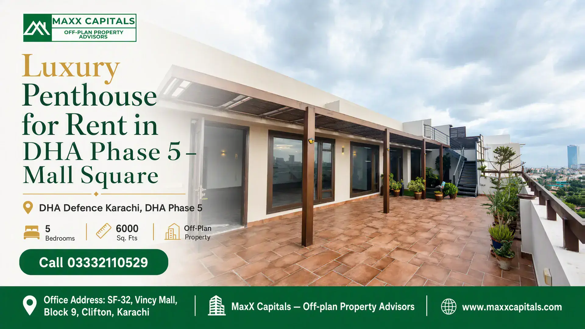 Luxury Penthouse for Rent in DHA Phase 5 – Mall Square Spacious rooftop terrace of a luxury penthouse in DHA Phase 5, featuring modern wooden accents, large windows, and city views