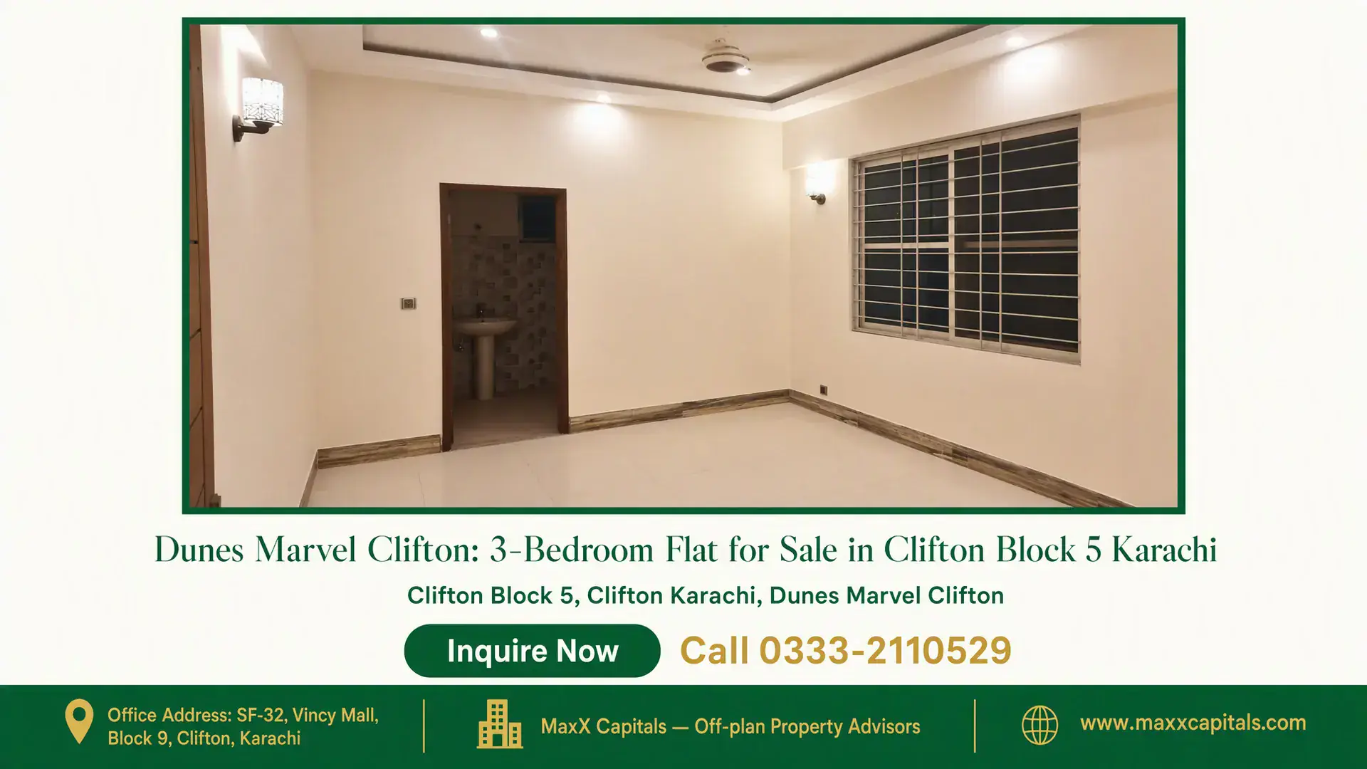 Dunes Marvel Clifton: 3-Bedroom Flat for Sale in Clifton Block 5 Karachi Spacious living room with tiled flooring, modern ceiling design, wall-mounted lights, large window, and attached bathroom in