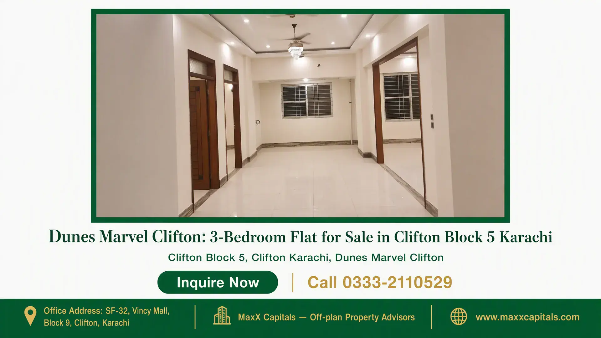 Dunes Marvel Clifton: 3-Bedroom Flat for Sale in Clifton Block 5 Karachi Spacious living area in Dunes Marvel Clifton apartment with modern ceiling lights, tiled flooring, and large windows, Clifton