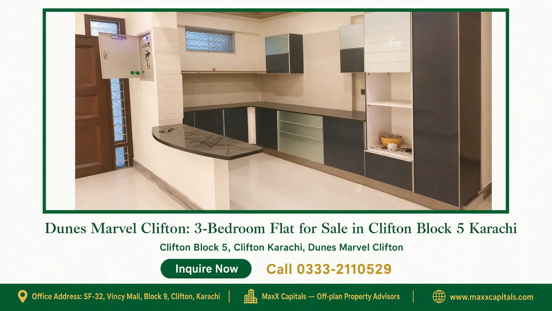 Dunes Marvel Clifton: 3-Bedroom Flat for Sale in Clifton Block 5 Karachi Modern kitchen with sleek cabinetry, tiled walls, and contemporary fittings in Dunes Marvel Clifton flat for sale.