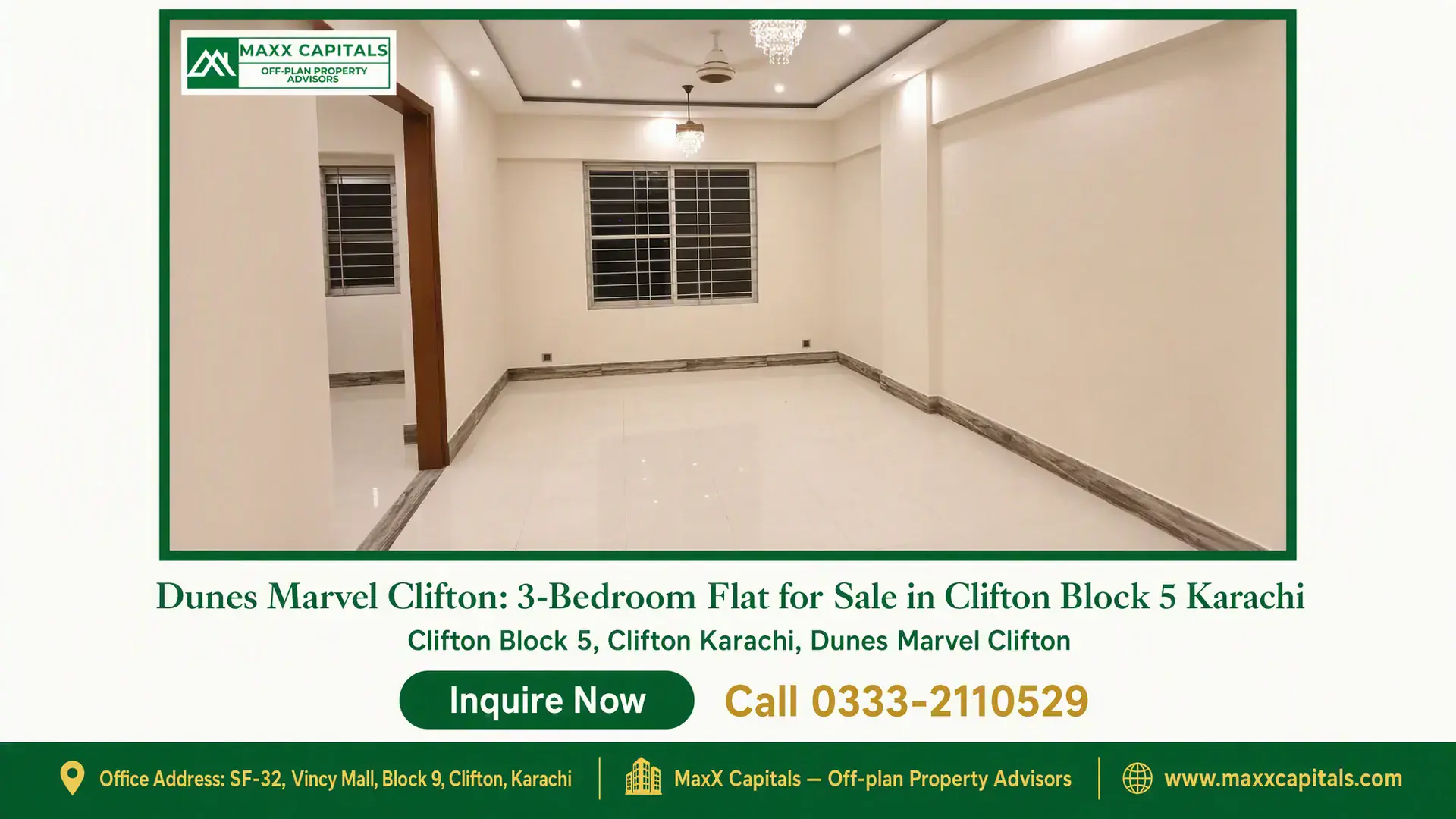 Dunes Marvel Clifton: 3-Bedroom Flat for Sale in Clifton Block 5 Karachi Spacious living room with sleek white tiled flooring, neutral walls, modern recessed lighting, and large windows in Dunes Mar