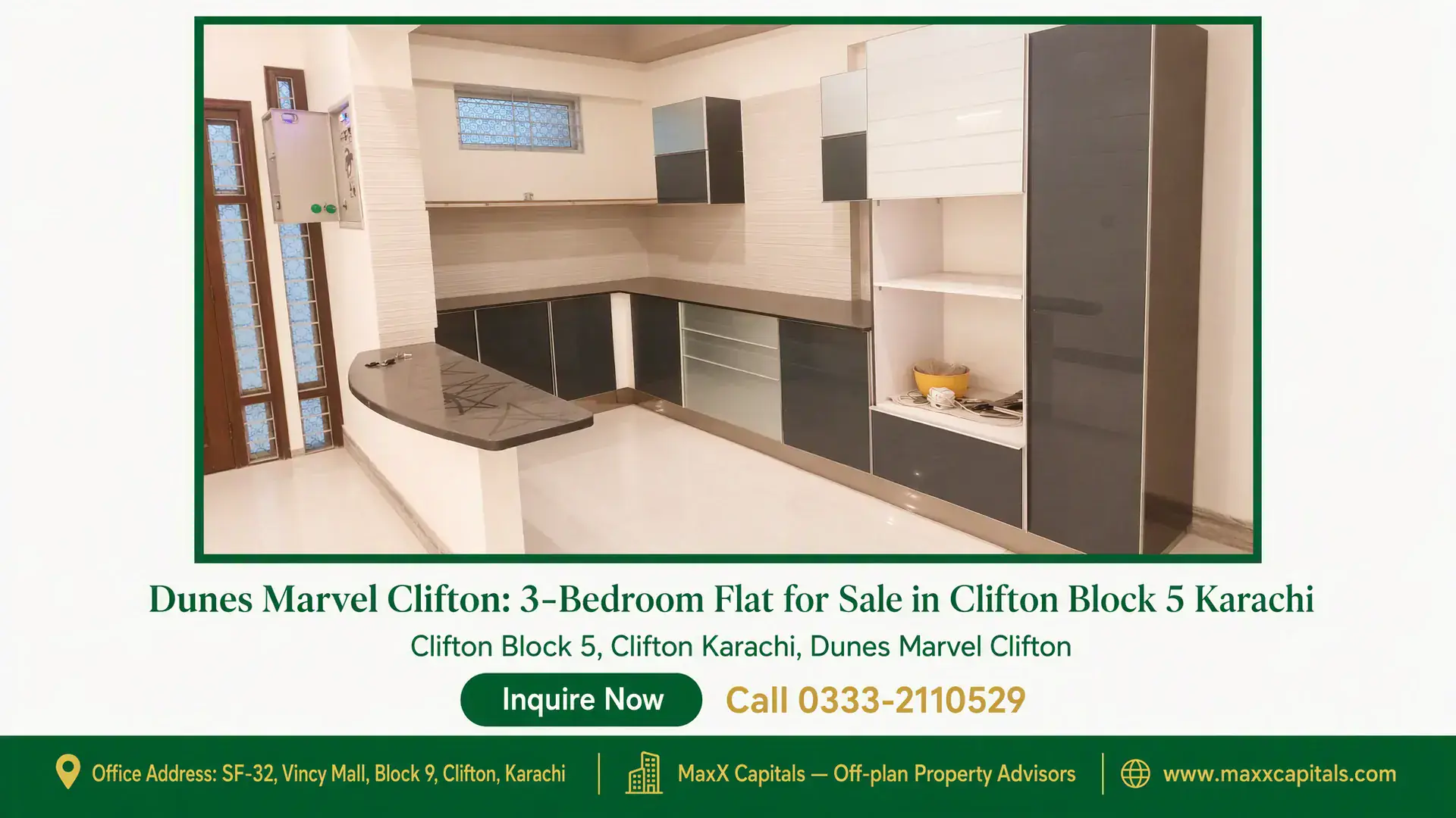 Dunes Marvel Clifton: 3-Bedroom Flat for Sale in Clifton Block 5 Karachi Modern kitchen in Dunes Marvel Clifton flat with sleek cabinets, marble countertops, and contemporary finishes in Clifton Blo