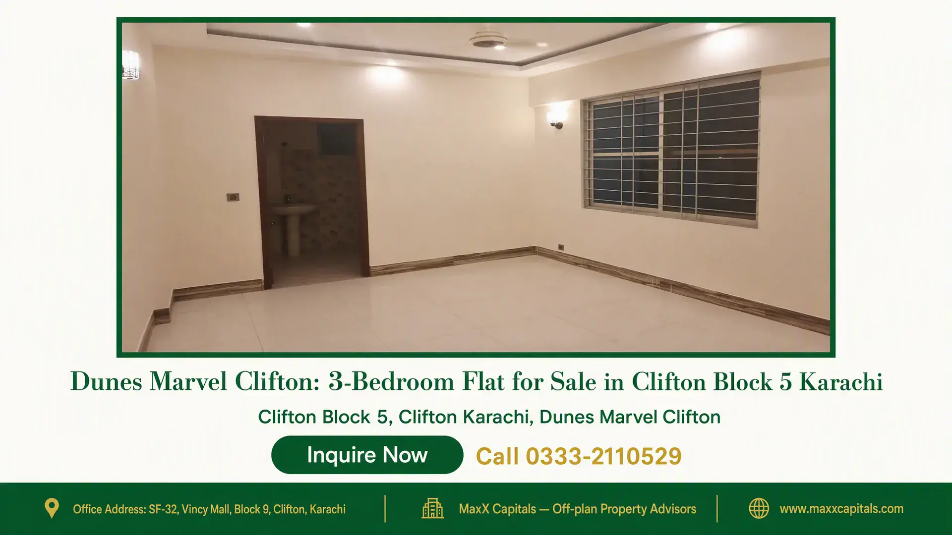 Dunes Marvel Clifton: 3-Bedroom Flat for Sale in Clifton Block 5 Karachi Spacious living area with tiled flooring, modern ceiling design, large window, and a door leading to an adjacent space in Dun