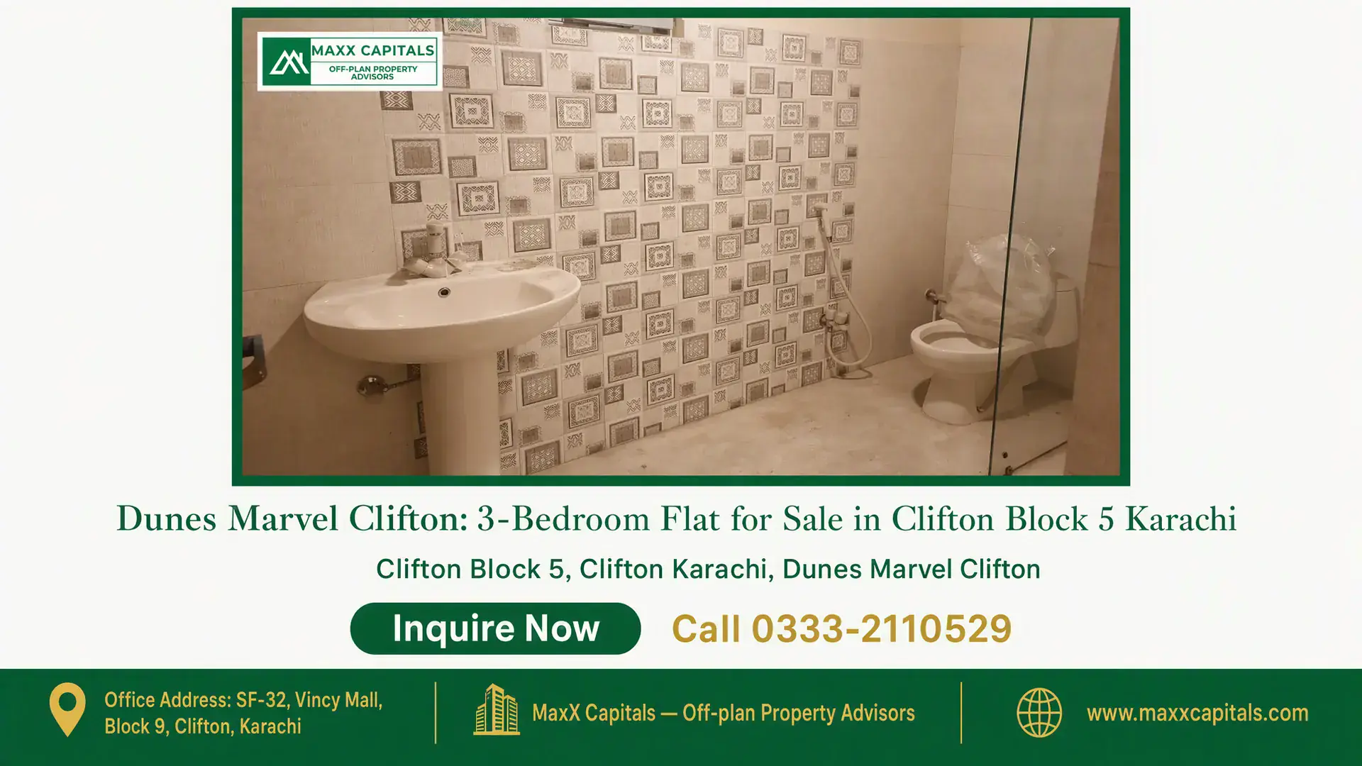 Dunes Marvel Clifton: 3-Bedroom Flat for Sale in Clifton Block 5 Karachi Modern bathroom with patterned wall tiles, a pedestal sink, shower enclosure, and toilet in Dunes Marvel Clifton flat for sal