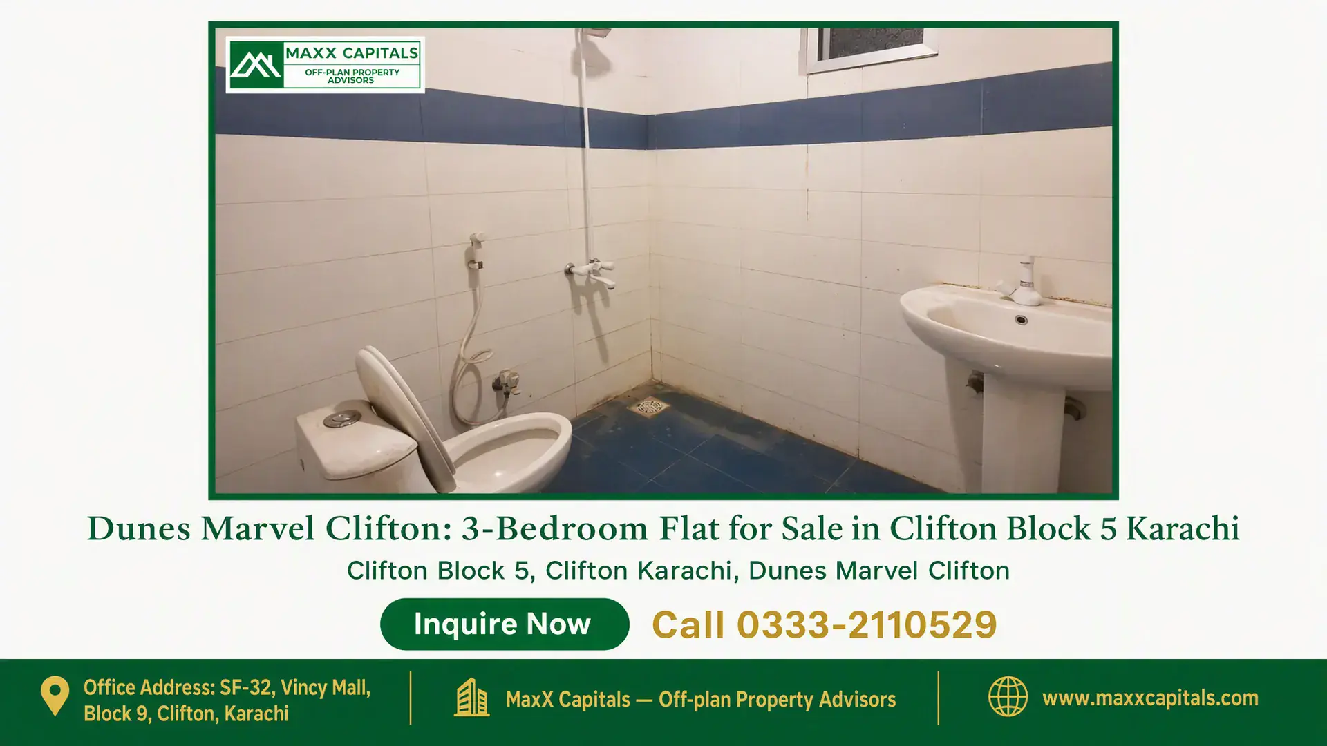 Dunes Marvel Clifton: 3-Bedroom Flat for Sale in Clifton Block 5 Karachi Bathroom in Dunes Marvel Clifton 3-bedroom flat for sale in Clifton Block 5 Karachi with blue and white tiled walls and floor
