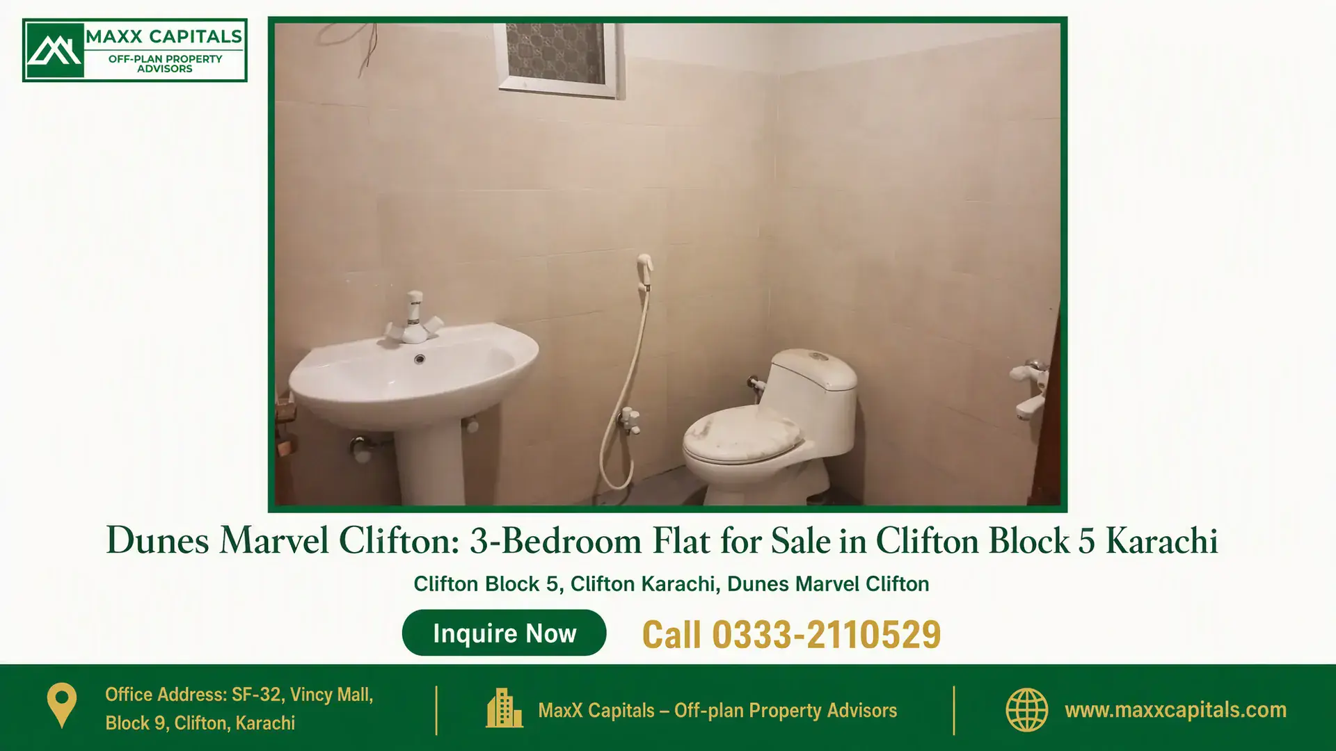 Dunes Marvel Clifton: 3-Bedroom Flat for Sale in Clifton Block 5 Karachi Modern bathroom with beige tiled walls, ceramic sink, toilet, and handheld shower in Dunes Marvel Clifton apartment.