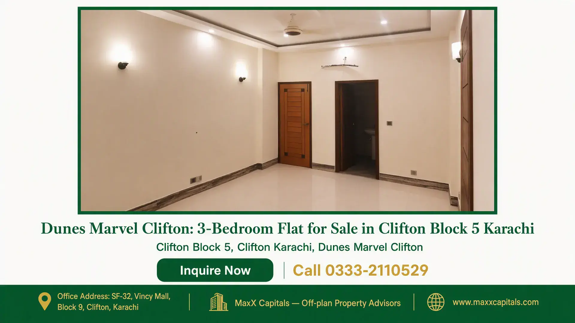 Dunes Marvel Clifton: 3-Bedroom Flat for Sale in Clifton Block 5 Karachi Spacious, well-lit room with recessed lighting, neutral walls, wooden doors, and modern tiled flooring in a flat for sale in