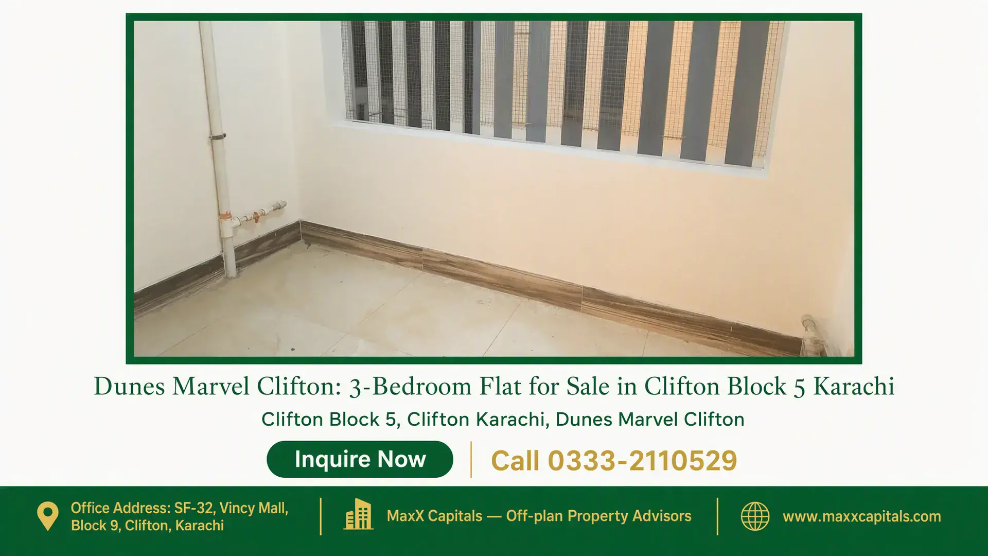 Dunes Marvel Clifton: 3-Bedroom Flat for Sale in Clifton Block 5 Karachi Interior view of a tiled corner space with a large window featuring vertical panels, in Dunes Marvel Clifton 3-bedroom flat.