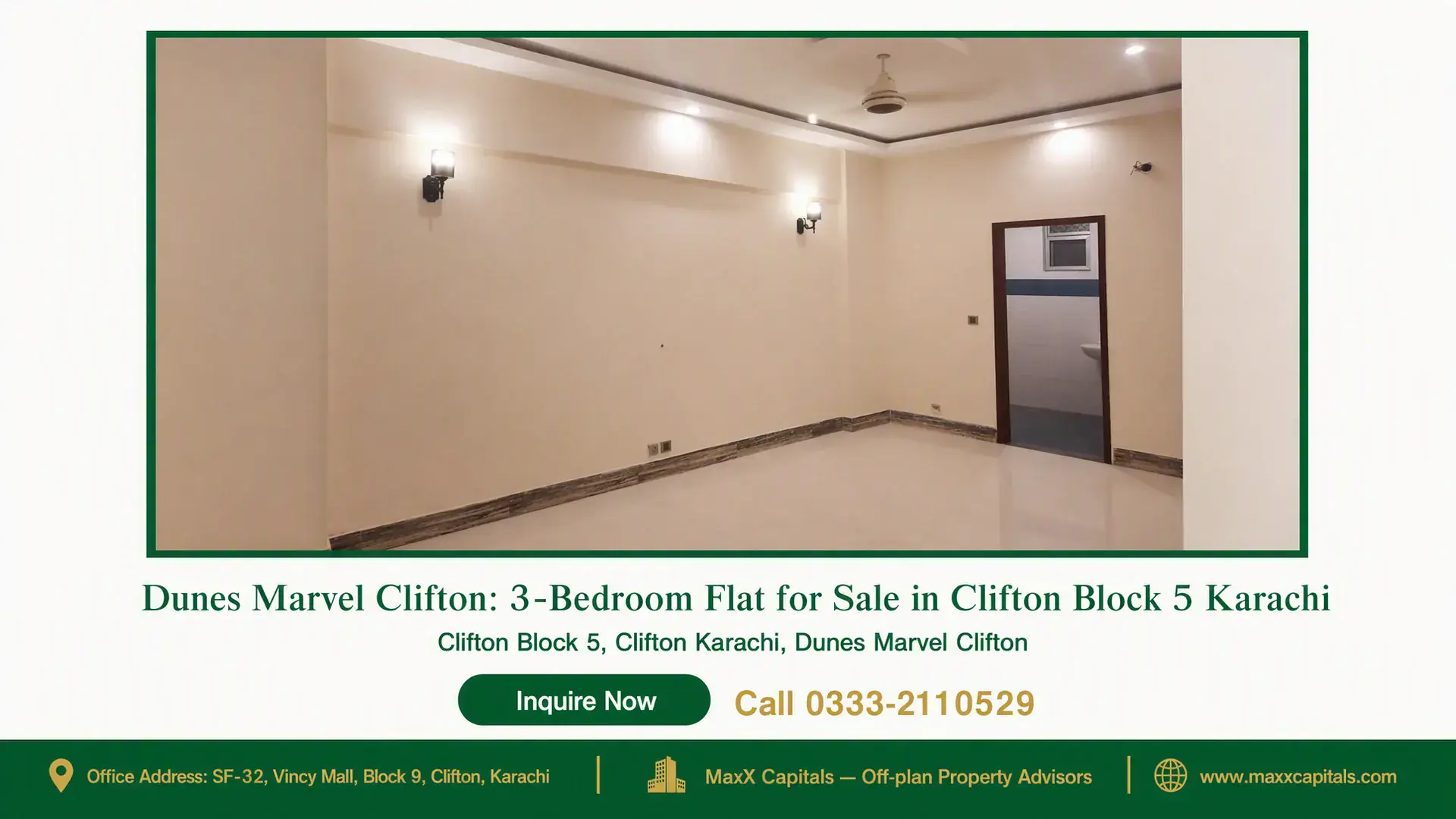 Dunes Marvel Clifton: 3-Bedroom Flat for Sale in Clifton Block 5 Karachi Spacious living area with cream-colored walls, ceiling lights, and a tiled floor in Dunes Marvel Clifton, Clifton Block 5 Kar
