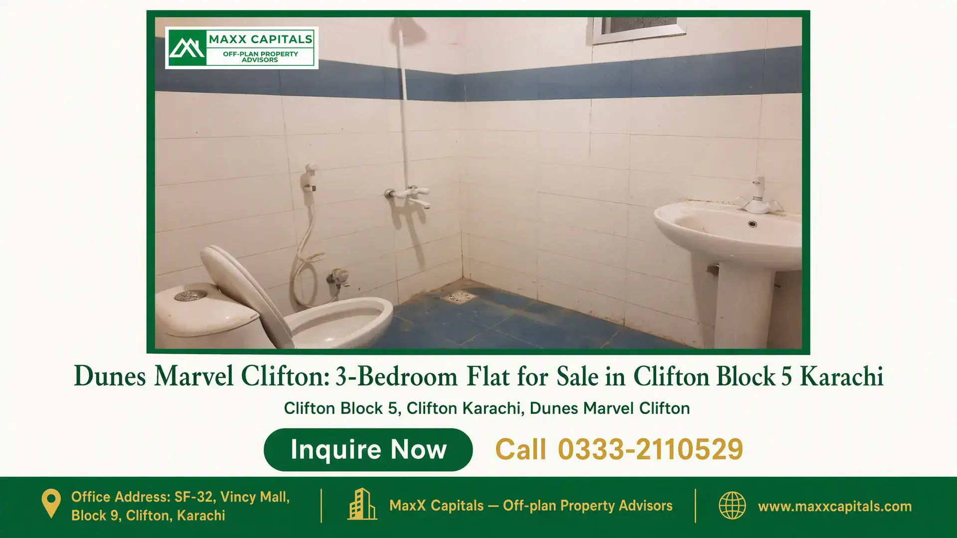 Dunes Marvel Clifton: 3-Bedroom Flat for Sale in Clifton Block 5 Karachi Modern bathroom with tiled walls and floor in Dunes Marvel Clifton 3-bedroom flat in Clifton Block 5 Karachi.