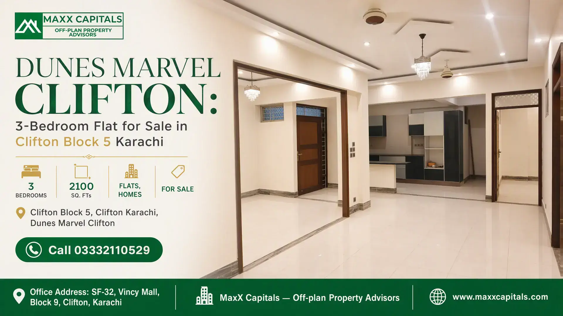Dunes Marvel Clifton: 3-Bedroom Flat for Sale in Clifton Block 5 Karachi Spacious contemporary living area with recessed lighting, wooden doors, and a semi-open modern kitchen in Dunes Marvel Clifto