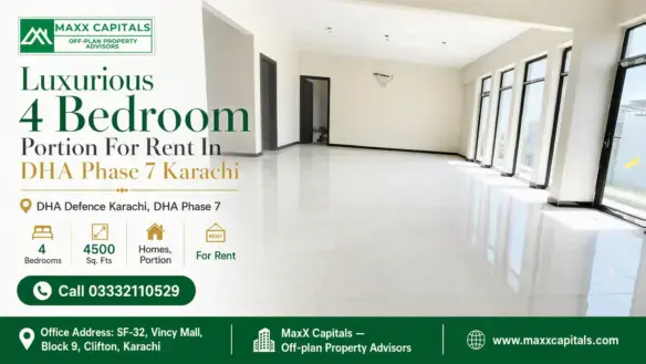 Spacious, Sunlit Living Area With Large Glass Windows In A Luxurious 4-Bedroom Portion For Rent In Dha Phase 7, Karachi.