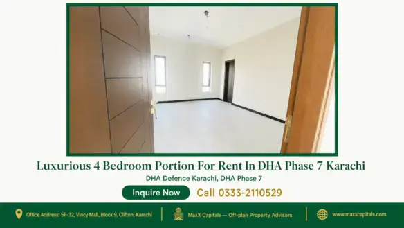 Spacious, well-lit bedroom with white walls, large windows, wooden door, and modern interior in a portion for rent in DHA Pha