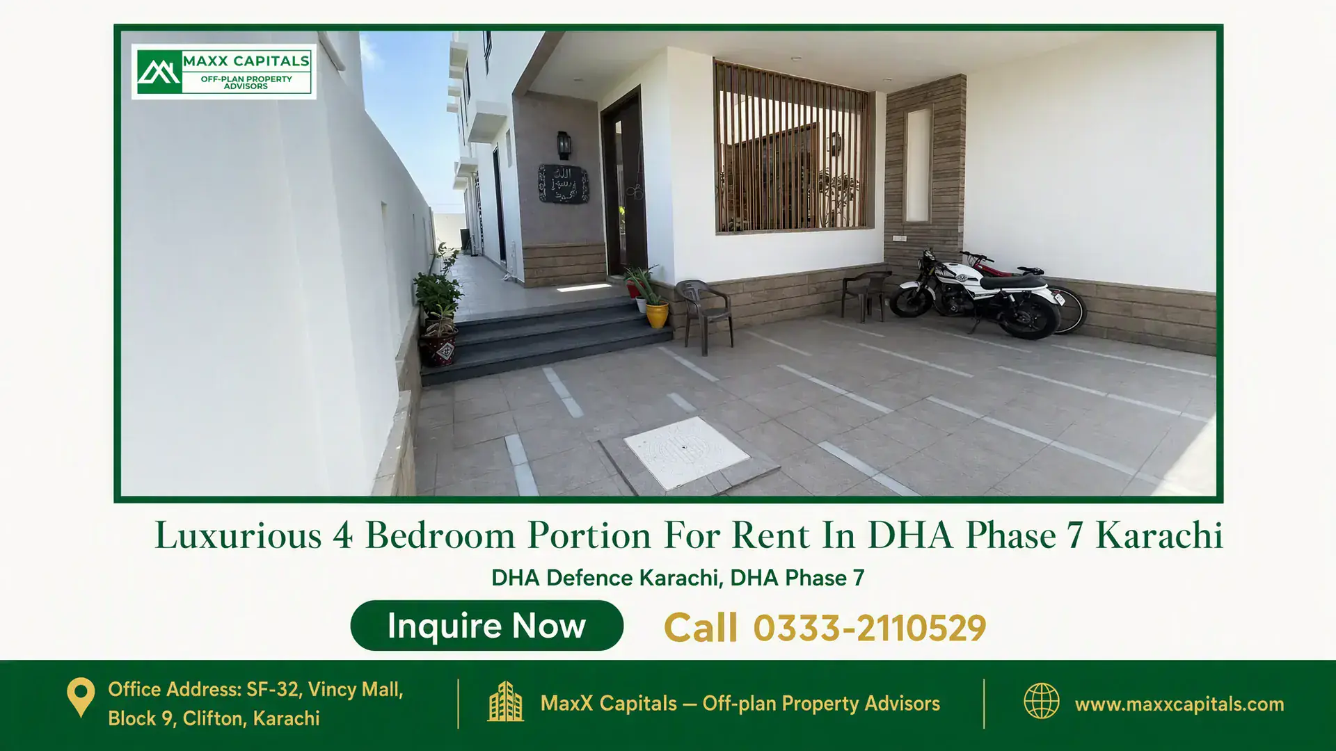 Luxurious 4 Bedroom Portion For Rent In DHA Phase 7 Karachi Spacious entrance of a 4-bedroom portion for rent in DHA Phase 7 Karachi, featuring a tiled porch and modern exterior design.