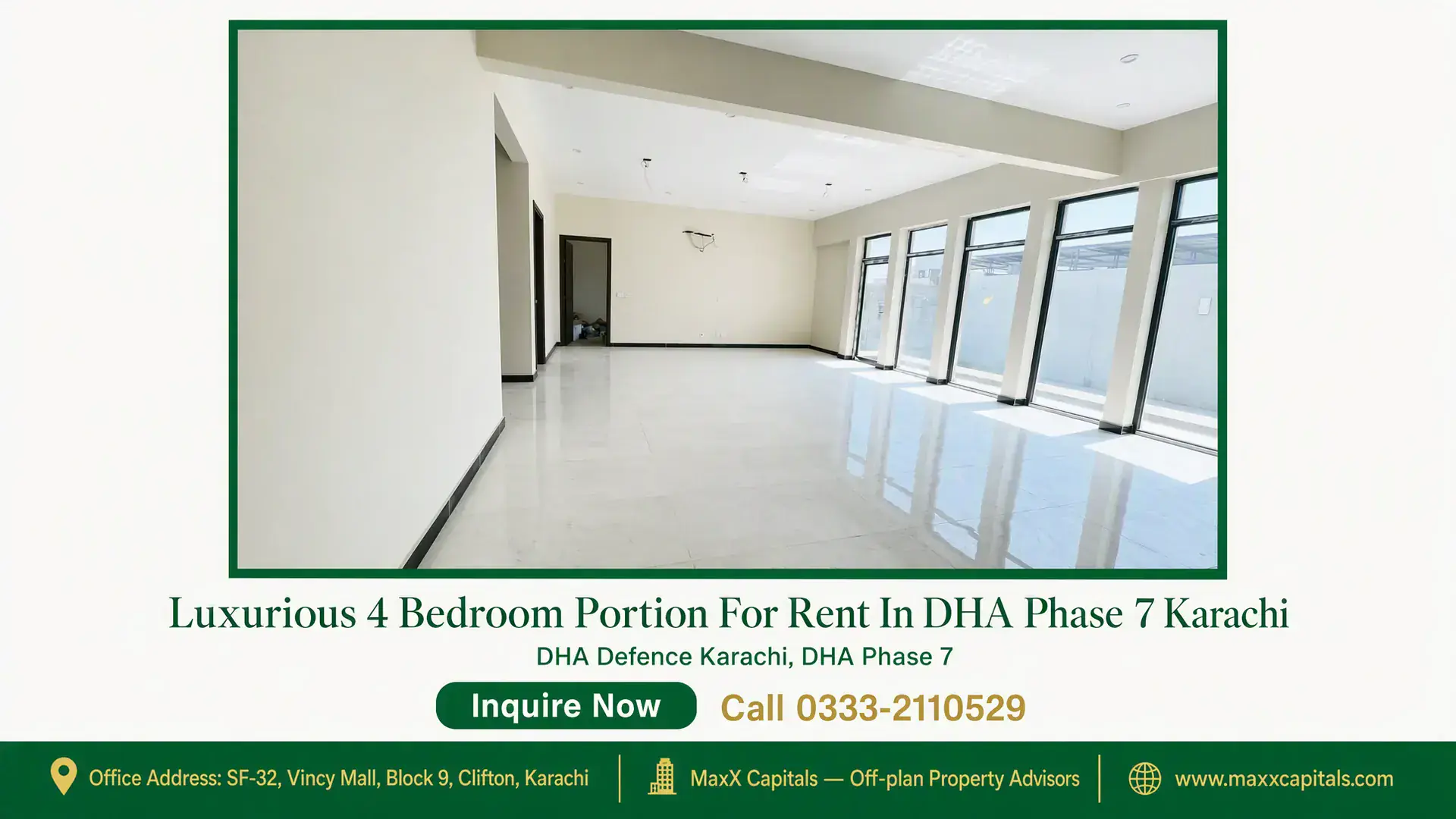 Luxurious 4 Bedroom Portion For Rent In DHA Phase 7 Karachi Spacious modern living area with large floor-to-ceiling windows in a luxurious portion for rent in DHA Phase 7 Karachi.