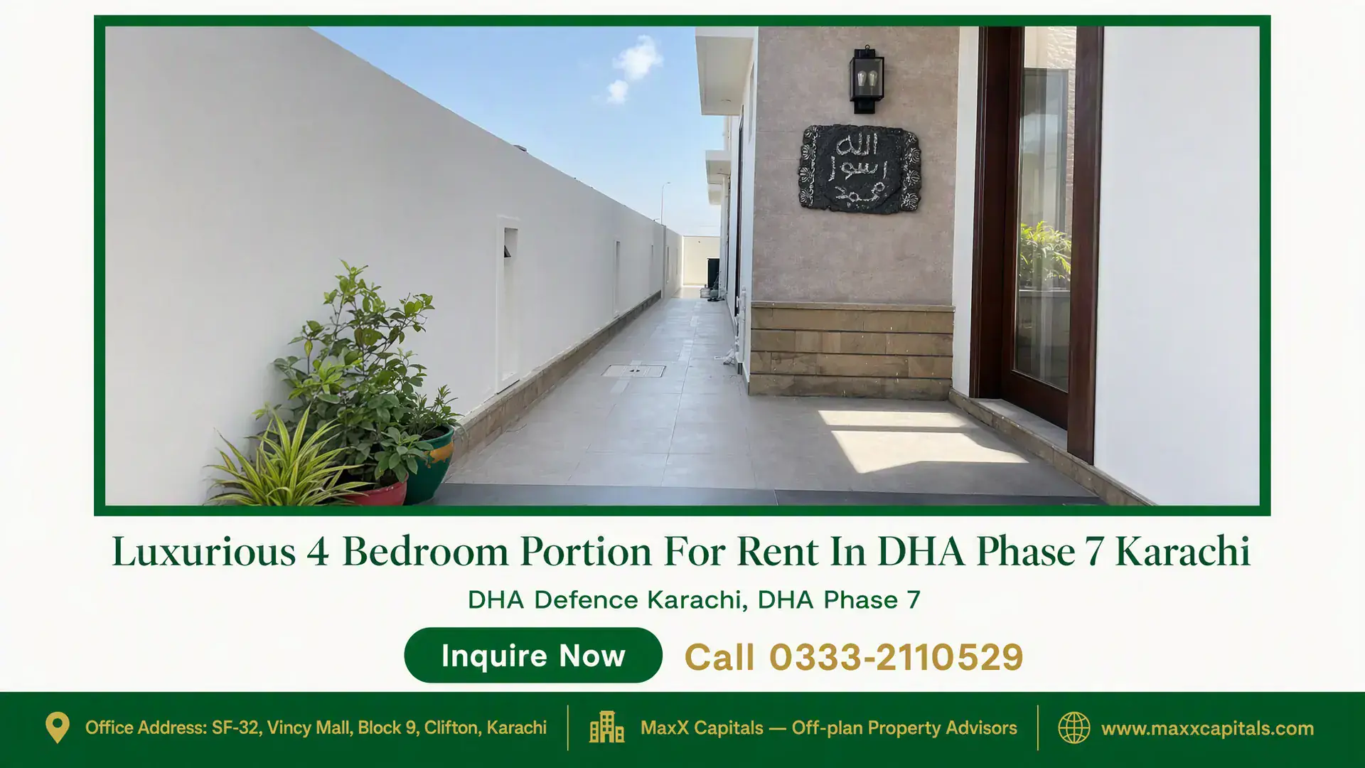 Luxurious 4 Bedroom Portion For Rent In DHA Phase 7 Karachi Spacious side passage leading to the entrance of a luxurious portion for rent in DHA Phase 7 with modern tiles and potted pla