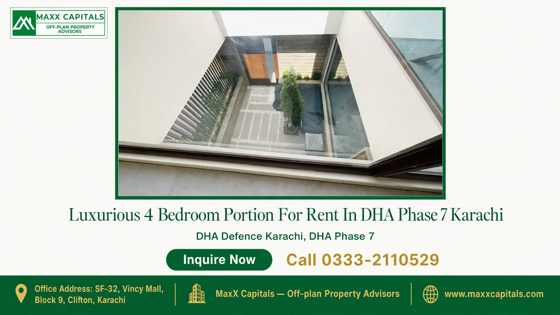 Luxurious 4 Bedroom Portion For Rent In DHA Phase 7 Karachi Modern courtyard with glass paneling and wooden details in a luxurious portion for rent in DHA Phase 7 Karachi.