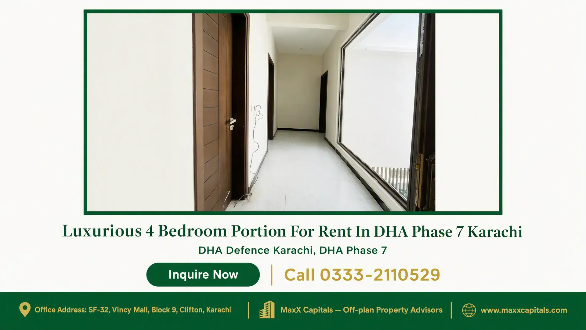 Luxurious 4 Bedroom Portion For Rent In DHA Phase 7 Karachi Spacious hallway with wooden doors, large glass windows, and marble flooring in a portion for rent in DHA Phase 7.
