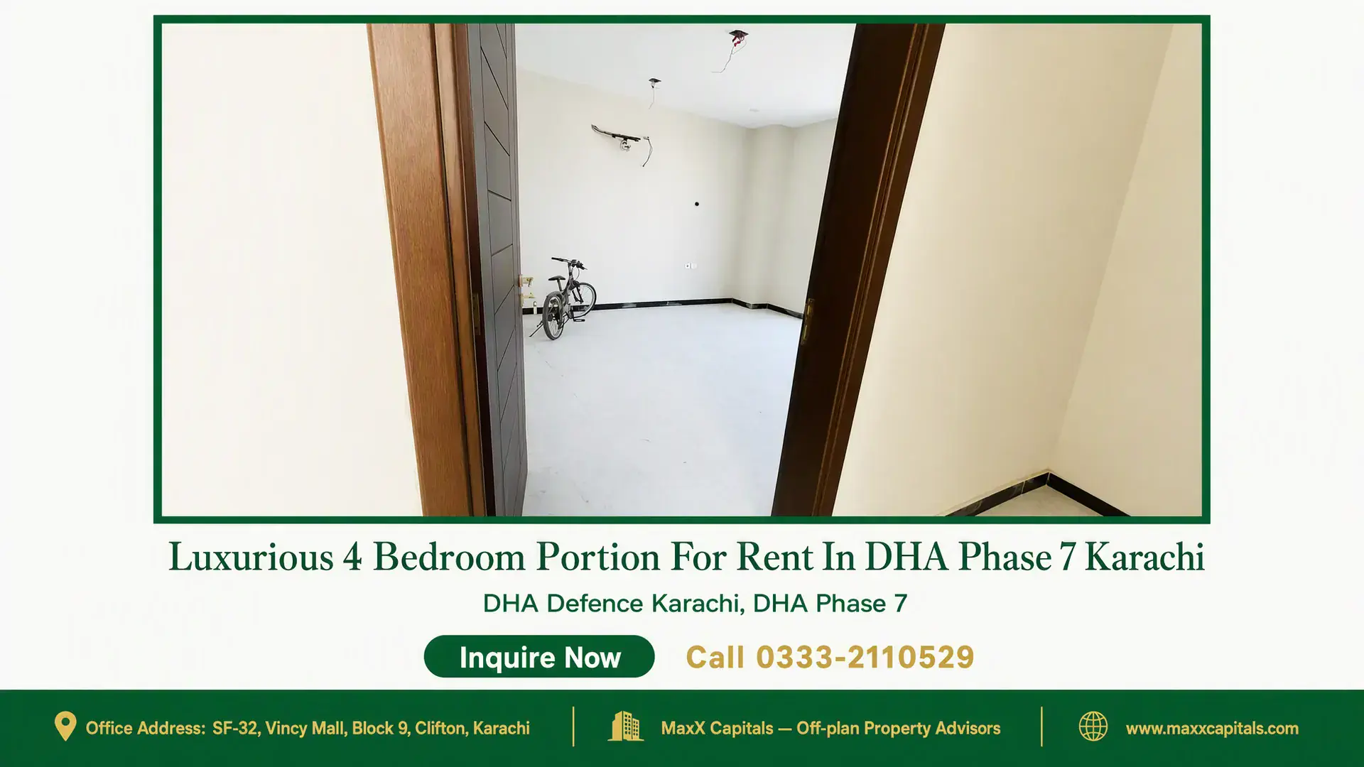 Luxurious 4 Bedroom Portion For Rent In DHA Phase 7 Karachi Spacious unfurnished room with white walls, marble flooring, a wooden door, and minimal decor in a portion for rent in DHA Ph