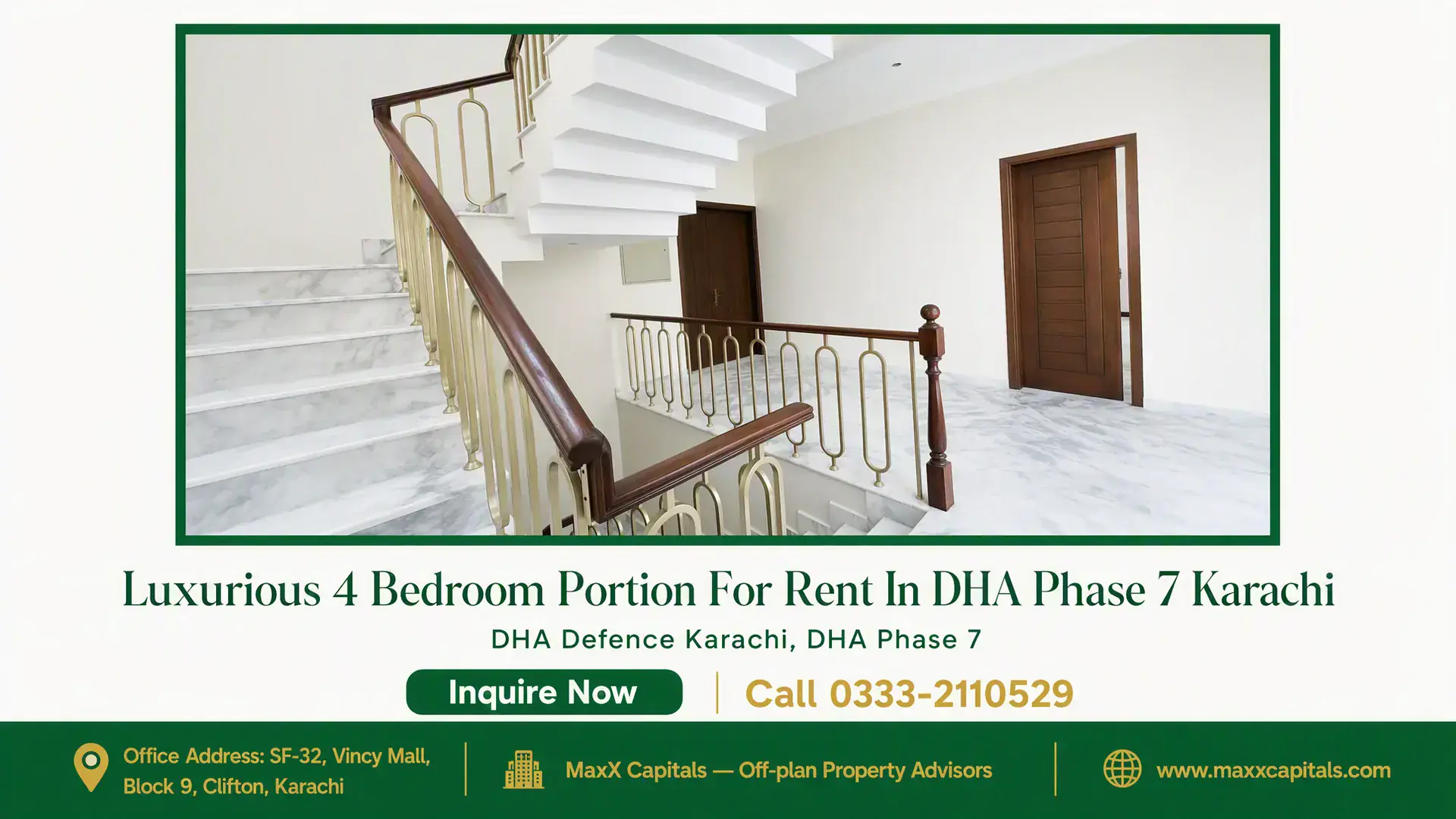 Luxurious 4 Bedroom Portion For Rent In DHA Phase 7 Karachi Elegant staircase with marble flooring, wooden accents, and metal railings in a luxurious portion for rent in DHA Phase 7.