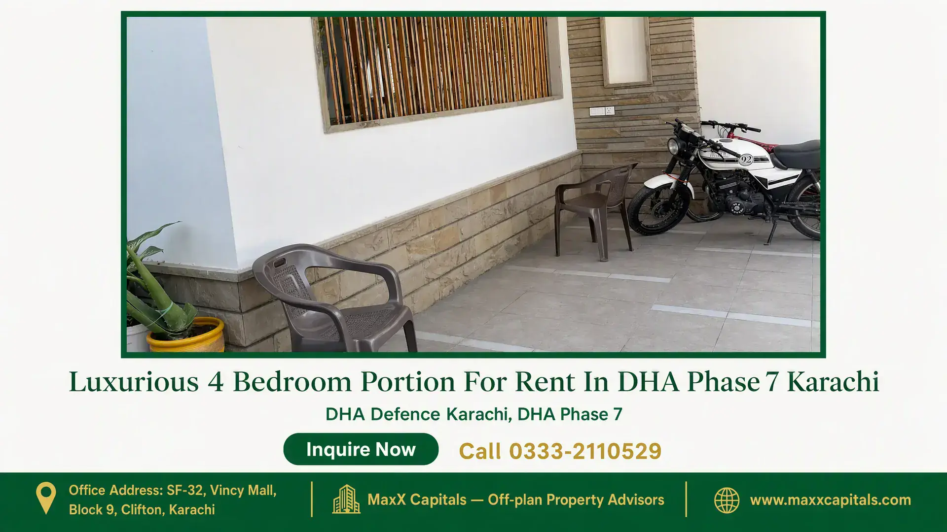 Luxurious 4 Bedroom Portion For Rent In DHA Phase 7 Karachi Spacious terrace with tiled flooring, stone facade, wooden accents, potted plants, and parked motorbike in a luxury portion i