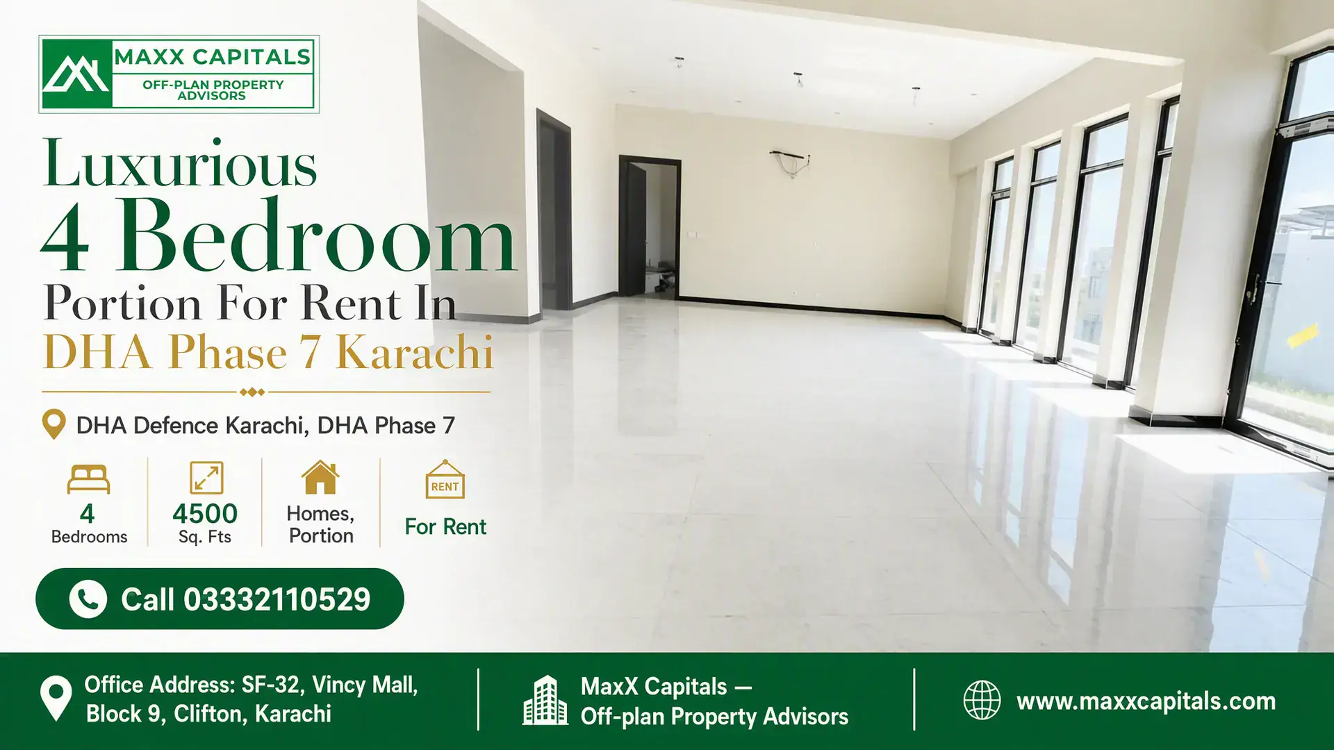 Luxurious 4 Bedroom Portion For Rent In DHA Phase 7 Karachi Spacious, sunlit living area with large glass windows in a luxurious 4-bedroom portion for rent in DHA Phase 7, Karachi.
