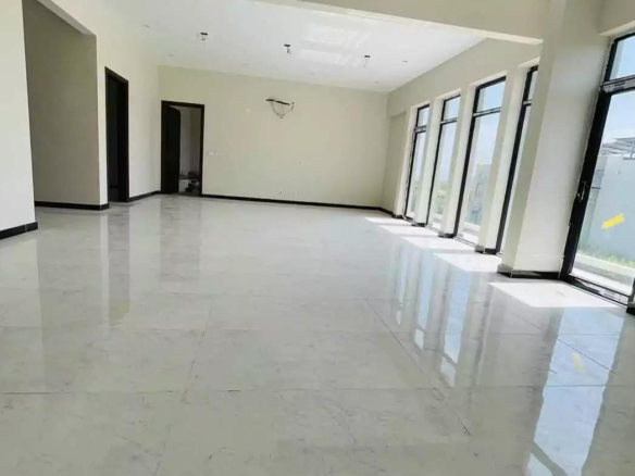 Spacious Open-Plan Room With Polished White Marble Floors, Large Floor-To-Ceiling Windows, Beige Walls, High Ceilings, And Mu