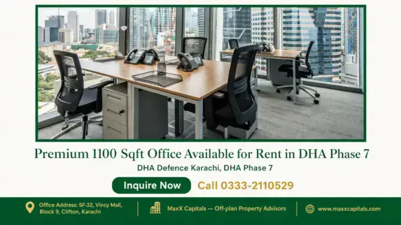 Spacious office space setup with modern furniture and floor-to-ceiling glass windows offering panoramic city views in DHA Pha