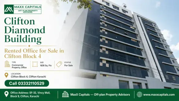 Modern Glass-Fronted Clifton Diamond Building Showcasing Its Sleek Architectural Design In Clifton Block 4, Karachi.
