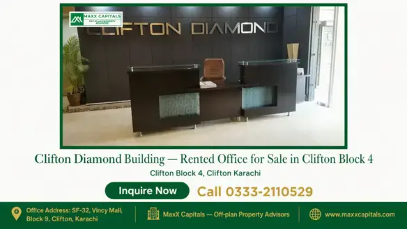 Modern reception area with a sleek dark wood desk and glass accents in the Clifton Diamond Building, Clifton Block 4.