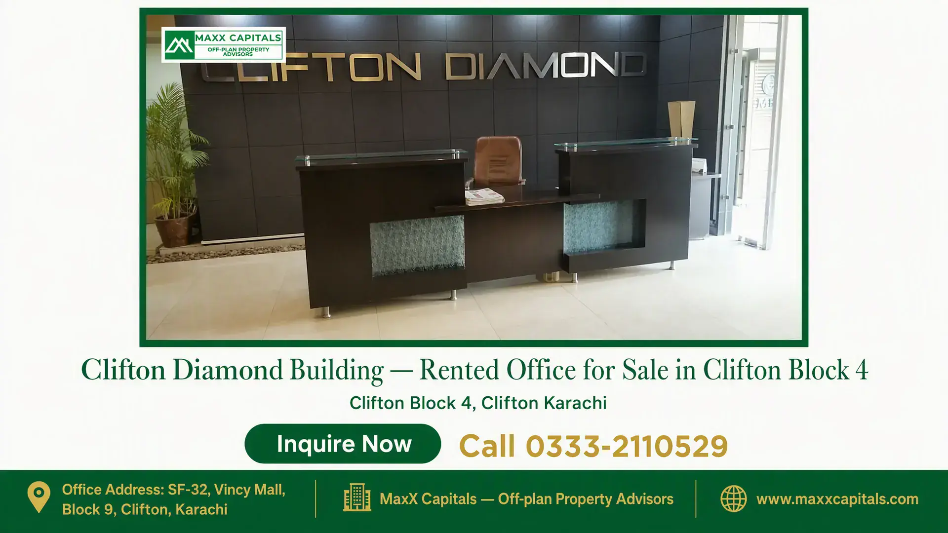 Clifton Diamond Building — Rented Office for Sale in Clifton Block 4 Modern reception area with a sleek dark wood desk and glass accents in the Clifton Diamond Building, Clifton Block 4.