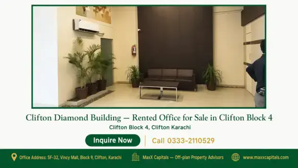 Modern reception area with sleek brown sofa, glass coffee table, potted plants, and a minimalistic design in Clifton Diamond