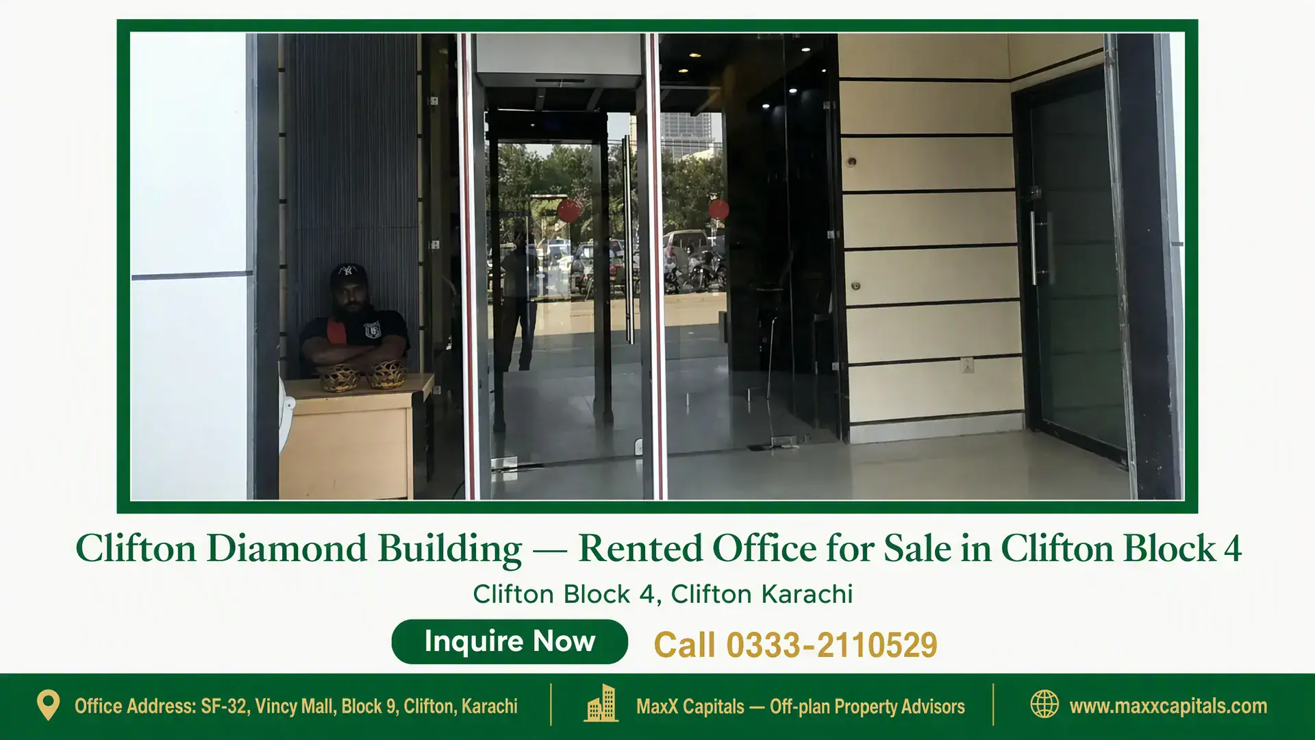 Clifton Diamond Building — Rented Office for Sale in Clifton Block 4 Main entrance of Clifton Diamond Building with glass doors and a security desk in Clifton Block 4 location.
