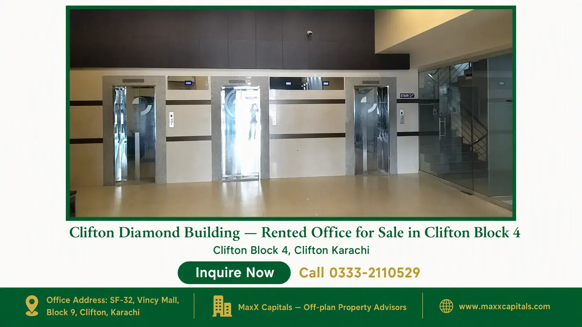 Clifton Diamond Building — Rented Office for Sale in Clifton Block 4 Spacious elevator lobby in the Clifton Diamond Building featuring modern glass lifts and a staircase.