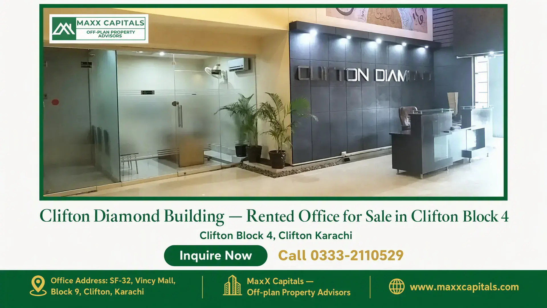 Clifton Diamond Building — Rented Office for Sale in Clifton Block 4 Entrance area of Clifton Diamond Building with glass partition offices and a modern reception desk in Clifton Block 4.