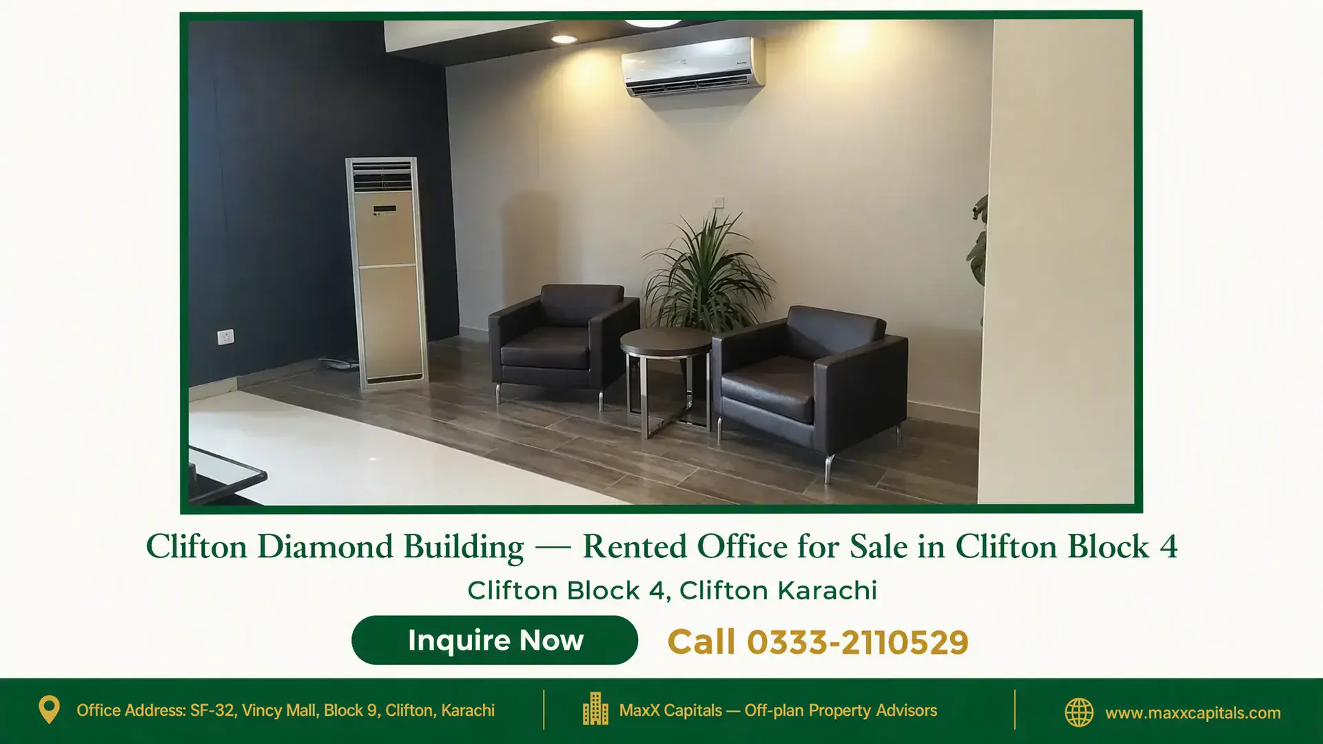 Clifton Diamond Building — Rented Office for Sale in Clifton Block 4 Modern office lounge in Clifton Diamond Building featuring leather armchairs, a small round table, and sleek decor in Clifton