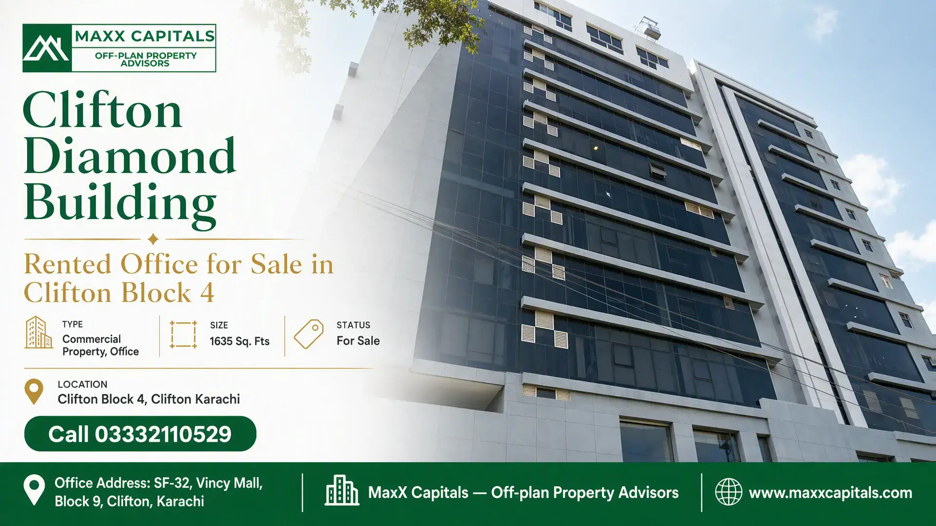 Clifton Diamond Building — Rented Office for Sale in Clifton Block 4 Modern glass-fronted Clifton Diamond Building showcasing its sleek architectural design in Clifton Block 4, Karachi.