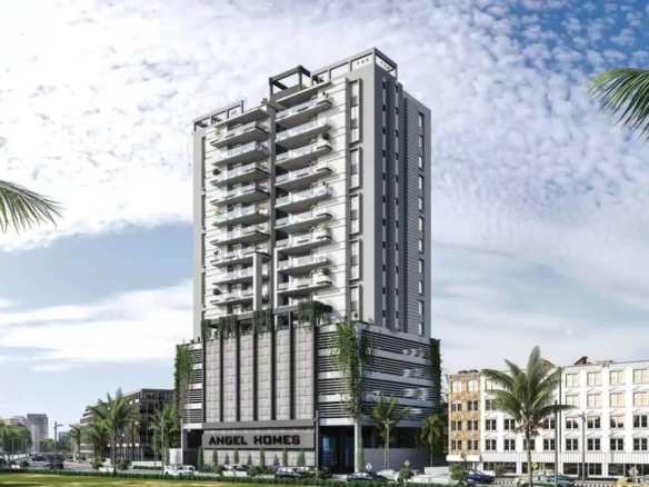 Modern Multi-Story Angel Homes Residential Tower With Glass Balconies, Green Base, Palm Trees, And Urban Surroundings