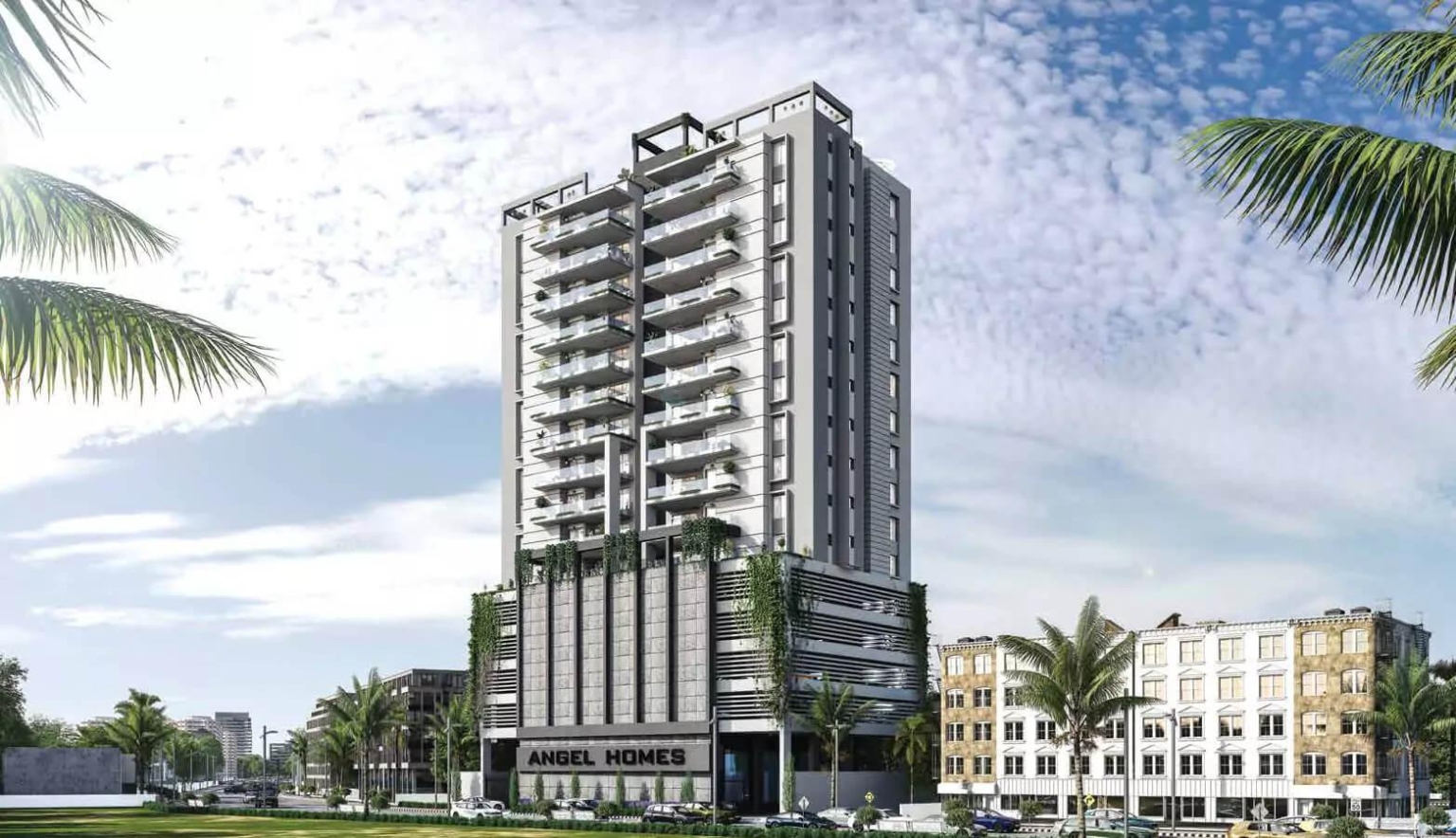 Modern multi-story Angel Homes residential tower with glass balconies, green base, palm trees, and urban surroundings