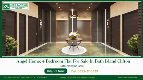 Elegant Bath Island apartment lobby with lift doors, marble flooring and Angel Home branding
