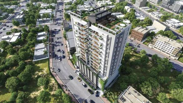 Aerial View Of Angel Home High-Rise In Bath Island Clifton, Modern White Facade With Green Balconies And Surrounding Roads