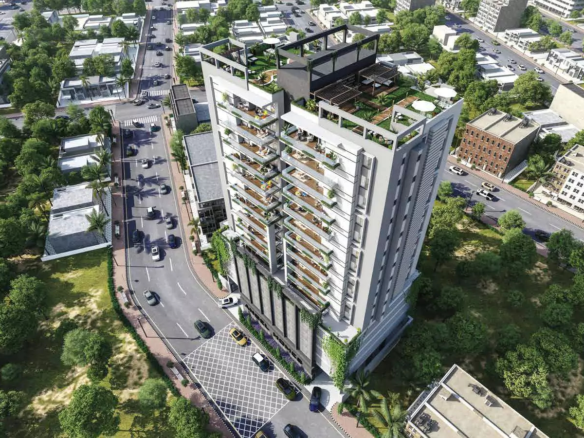 Aerial View Of Angel Home High-Rise In Bath Island Clifton, Modern White Facade With Green Balconies And Surrounding Roads
