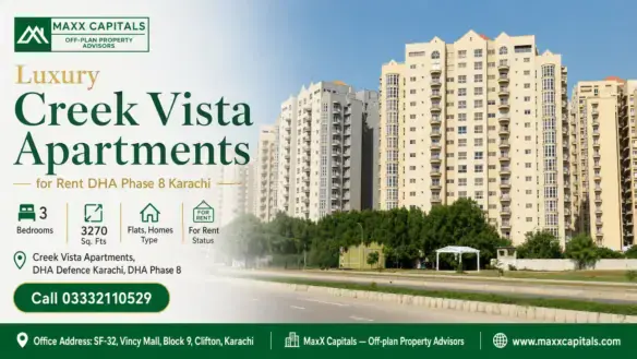 High-Rise Luxury Buildings Of Creek Vista Apartments Surrounded By Greenery In Dha Phase 8 Karachi Under Clear Blue Skies.